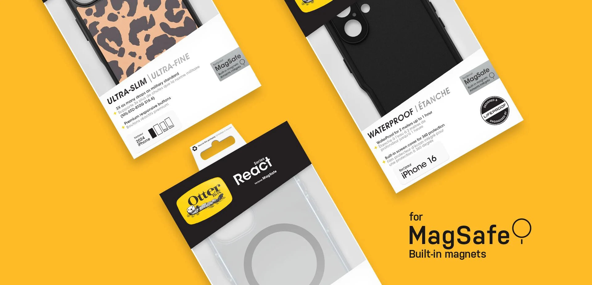 Packaging of phone cases with MagSafe branding on a yellow background