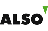 Logo of ALSO with black text and a green triangle on a white background